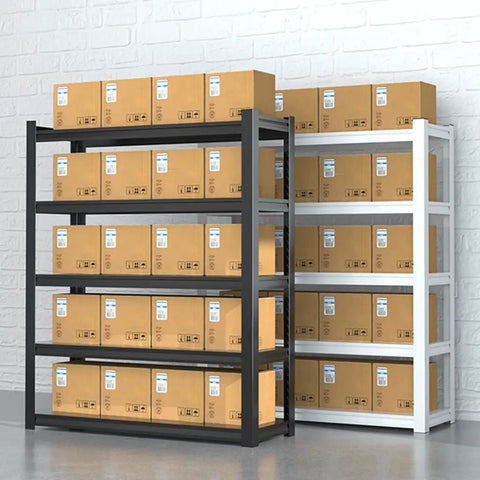 Heavy Duty Five Tier Steel Shelving Unit Adjustable Metal Bookshelf Boss Level Kitchen Garage Basement Storage Rack Hauls Two Thousand Pounds For Nailed Home Setup with cardboard boxes organized on multiple tiers.