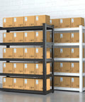 Five Tier Heavy Duty Metal Shelving Unit With Adjustable Layouts For Garages Basements And Kitchens Top Shelf Storage Rack displaying packed boxes.