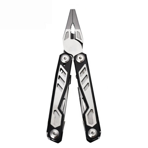 Front view of Do It All Folding Multitool Pliers With Safety Lock Stainless Steel EDC Tool For Camping And Home Repair, closed position.