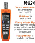 ET110 CO Meter And Carbon Monoxide Tester With Short Term Exposure Limit Alarm, orange device with LCD and buttons visible.