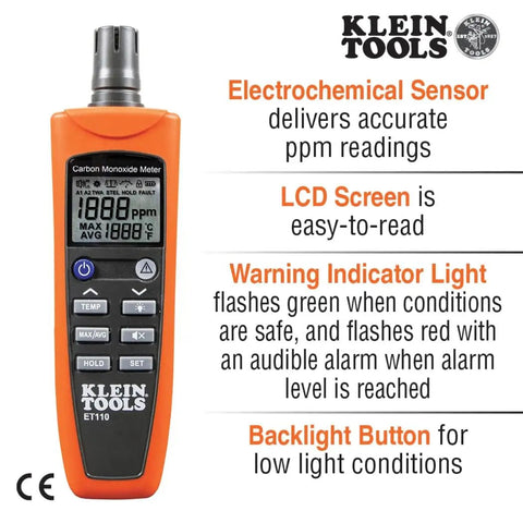 ET110 CO Meter And Carbon Monoxide Tester With Short Term Exposure Limit Alarm, orange device with LCD and buttons visible.