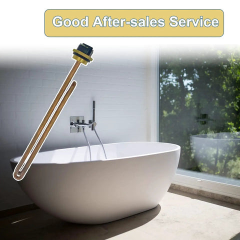 90240 Heating Element Compatible With EcoSmart ECO 18 24 27 36 Tankless Water Heaters DIY Friendly Rheem Eemax Richmond Electric Water Heater Element Replacement 9KW 18KW 27KW 36KW 240V Includes O Ring And Screw 2 Pack shown next to a modern bathtub with good after-sales service highlighted.
