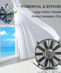 Keep Things Chill And Fresh All Summer Long With This Heavy Duty 12 Inch Solar Roof Vent Fan Powered By A Rock Solid 100 Watt Panel To Blast Stifling Attic Heat, showing a black 12 inch fan mounted by a window with curtains blowing.