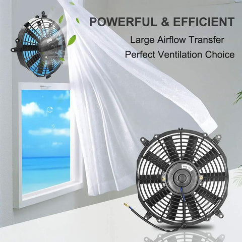 Keep Things Chill And Fresh All Summer Long With This Heavy Duty 12 Inch Solar Roof Vent Fan Powered By A Rock Solid 100 Watt Panel To Blast Stifling Attic Heat, showing a black 12 inch fan mounted by a window with curtains blowing.