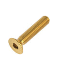Badass Gr5 Titanium Countersunk Head Bolts M6 X 30 Millimeter Gold Anodized Finish Hex Socket Screws viewed at an angle.