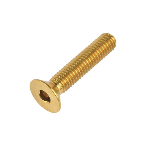 Badass Gr5 Titanium Countersunk Head Bolts M6 X 30 Millimeter Gold Anodized Finish Hex Socket Screws viewed at an angle.