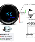 MAIMEIMI 2-inch 52mm oil pressure gauge with sender kit, black bezel, blue LED display (front view)