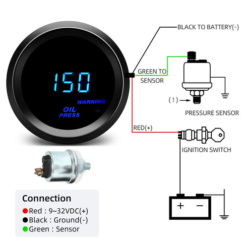 MAIMEIMI 2-inch 52mm oil pressure gauge with sender kit, black bezel, blue LED display (front view)