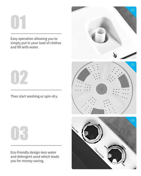 Slick Compact Twin Tub Portable Mini Washing Machine With Built In Drain Pump controls for wash and spin cycles with eco-friendly design.