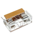 Ten Pack 5x20mm Fuse PCB Holder Panel Mount With Dual Terminals, 250V 6A, Yellow And Clear Case, shown from a close-up angle
