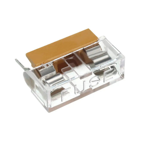 Ten Pack 5x20mm Fuse PCB Holder Panel Mount With Dual Terminals, 250V 6A, Yellow And Clear Case, shown from a close-up angle