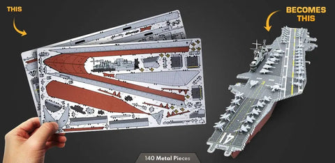 Premium Series USS Midway Aircraft Carrier 3D Metal Model Kit For Adults DIY Ready shown unassembled and completed