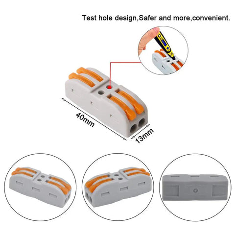 Premium SPL-2 Lever Nut Wire Connectors 15 Pack, 2 Way 4 Port Compact Splice Connectors, front and side view, nylon PA66 material
