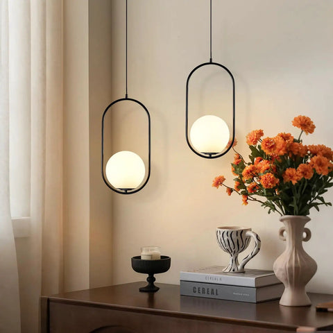 Modern Black Pendant Light With White Glass Globe Shade For Kitchen Island And Bedroom Matte Finish Ceiling Fixture