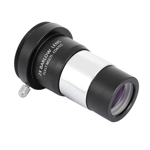 Close-up of 2x Barlow lens for 1.25 Inch Plossl Telescope Eyepiece Set with 10mm and 25mm Plossl Eyepieces and all-metal body.