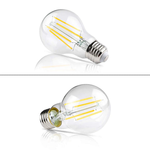Two 60W Equivalent E26 LED Filament Bulbs Daylight 4000K Non Dimmable A19 Glass Clear, showcasing vintage filament design.