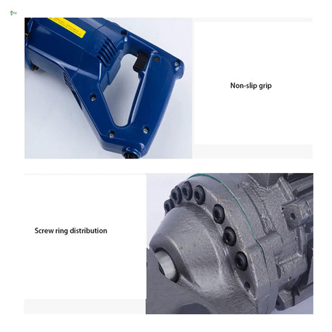 Close-up of electric hydraulic rebar bender and cutter portable steel shear showing non-slip grip and screw ring distribution