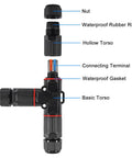 Exploded view of a 2 Pack Waterproof IP68 Outdoor Wire Connector Two Pin Junction Box Two Way T Shape Cable Connector