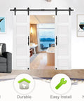 Dope Double Glass MDF Barn Doors Set 18 Inch By 84 Inch with Five Tempered Frosted Glass Panels shown in a living room