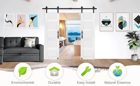 Dope Double Glass MDF Barn Doors Set 18 Inch By 84 Inch with Five Tempered Frosted Glass Panels shown in a living room