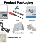 HuanEssentric High Speed Automatic Bundling Machine With Adjustable Tightness and Two Use Modes product packaging including host, tools, and instructions.