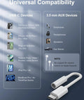 Premium Usb C To 3.5Mm Audio Adapter With Smart Dac Chip serving crisp beats and punchy low end shown with device compatibility list.