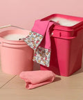 Heavy Duty No Fuss 4 Gallon Square Food Storage Buckets With Snap Tight Lids, Pack Of 3, Bpa Free Hdpe Grain Safe Pantry Pails Made In Usa stacked with pink cleaning cloths.
