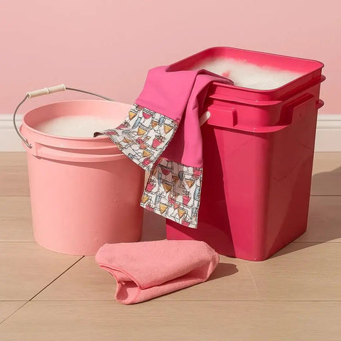 Heavy Duty No Fuss 4 Gallon Square Food Storage Buckets With Snap Tight Lids, Pack Of 3, Bpa Free Hdpe Grain Safe Pantry Pails Made In Usa stacked with pink cleaning cloths.