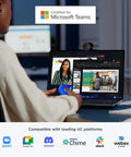 User operating laptop with Straight Up 1080P HD Webcam With Kickass AI Noise Cancellation dual built-in mics.