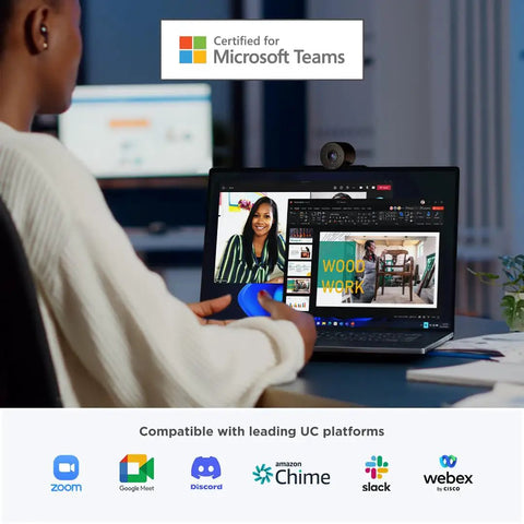 User operating laptop with Straight Up 1080P HD Webcam With Kickass AI Noise Cancellation dual built-in mics.
