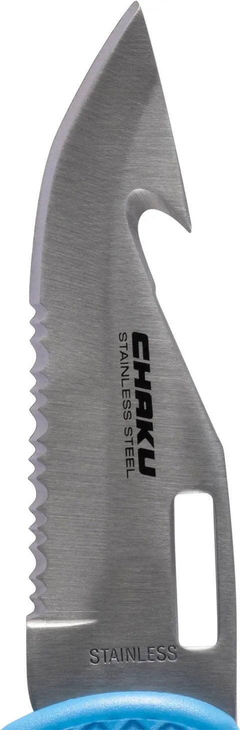 Close-up of serrated stainless steel blade from a Folding Dive Knife For Scuba And Spearfishing With Stainless Steel Flip Blade