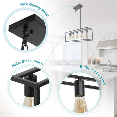 Industrial Black Farmhouse Chandelier Over Table 5 Light Rectangle Hanging Light with adjustable rods and matte black finish