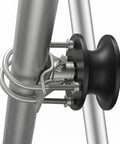Premium Heavy Duty Nylon Sliding Gate Rollers Four Pack Cantilever Rolling Hardware showing detailed roller attachment and steel frame.