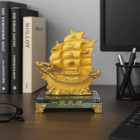 Gold Dragon Feng Shui Sailing Ship Statue For Home And Office Decor Boosts Fortune, Success, And Prosperity on desk