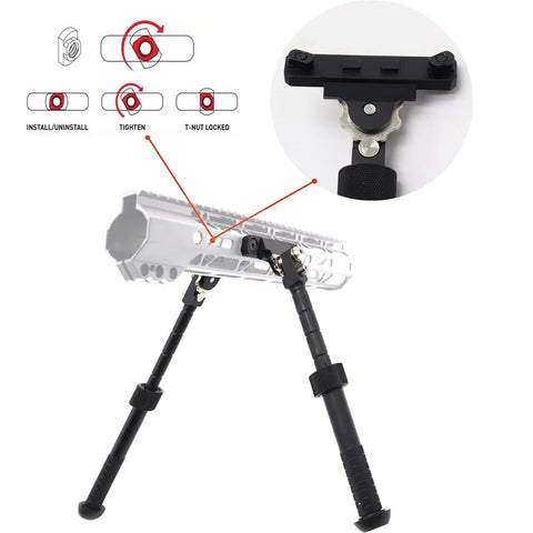 Adjustable Tactical Folding Bipod For M Rail System Three To Nine Inch Height Lightweight Aircraft Aluminum Build Spring Tension Adjustable Quick Install On M Rail Easy Setup For Precise Shots Matte Black Finish illustration