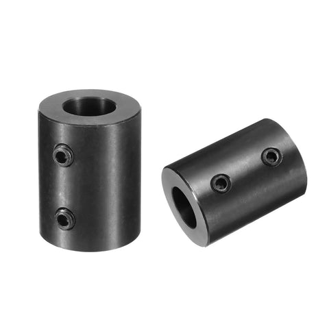 Three Quarters Inch Bore Shaft Coupling One And A Half Inch Outer Diameter Two Inch Length Black Oxide Plated Steel Rigid Coupler With Two Set Screws Motor Wheel Coupler Beefy Industrial Grade Part For Heavy Duty Power Transmission, shown in two angles