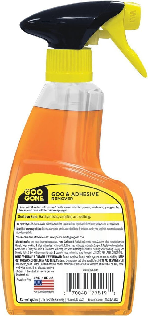 Back view of Goo & Adhesive Remover Spray bottle, 12 oz, showing label details and trigger sprayer top.