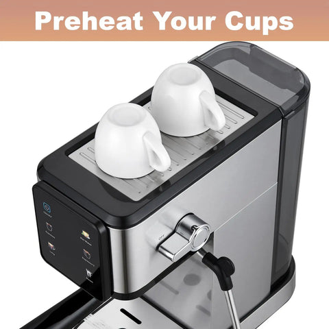 Kick Up Your Coffee Game With This Slick Dual Boiler Espresso Machine Featuring 20 Bar Pressure Touch Panel with preheating cups.