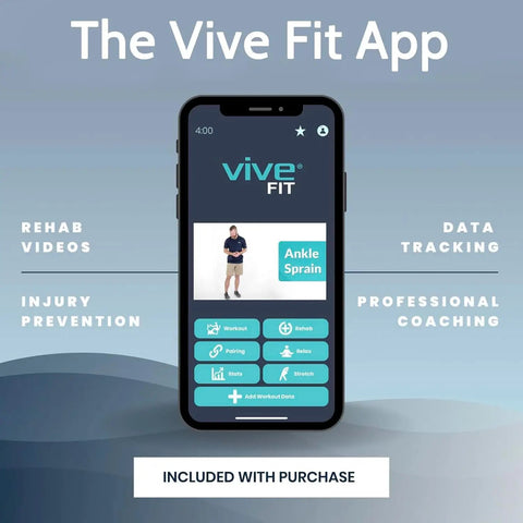 Phone screen displaying The Vive Fit App interface for rehab videos and ankle sprain support included with Ankle Ice Pack Wrap purchase.