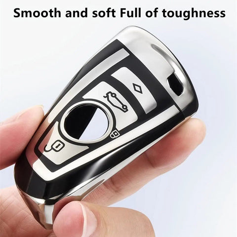 BMW Key Fob Cover With Soft TPU Case Advanced Silver Key Box for X1 X3 X5 X6, shown close-up in hand.