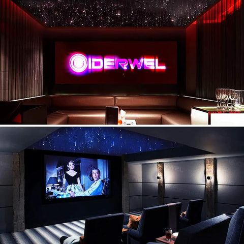 Smart App Controlled Fiber Optic Lights Kit RGBW Starlight Headliner For Car And Home Theater Ceiling shown in theater setting