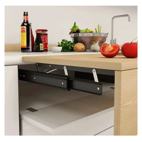 Heavy Duty Full Extension Drawer Slides With Quick Release Latches For No Sweat Setup And Smooth Quiet Ride Rising Table Lift Mechanism visible in kitchen setup.