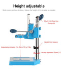 HaloVerde Mini Drill Press Stand With 90 Degree Rotatable Fixture And 80mm Stroke Fits 38 To 50mm Drills height adjustable feature with blue design.