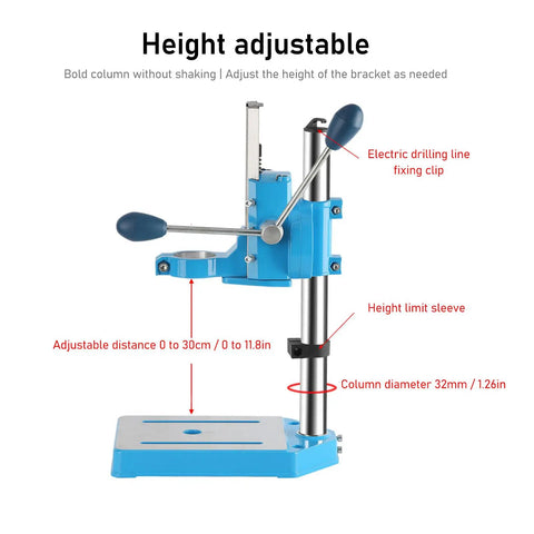 HaloVerde Mini Drill Press Stand With 90 Degree Rotatable Fixture And 80mm Stroke Fits 38 To 50mm Drills height adjustable feature with blue design.