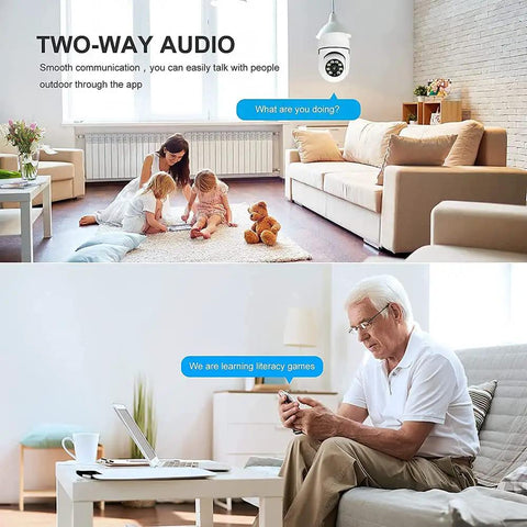 Wireless Light Bulb Security Camera With E27 Socket Plug And Play Auto Motion Tracking Two Way Audio Night Vision WiFi IP CCTV shown in living room.