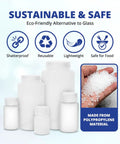 Go To Lab Sample Bottles With Lids Polypropylene 60ml 12 Pack showing shatterproof and reusable features.