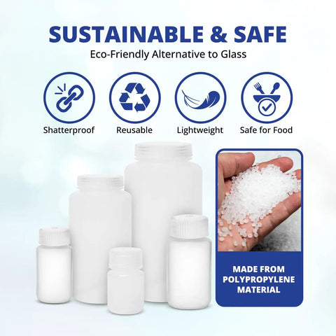 Go To Lab Sample Bottles With Lids Polypropylene 60ml 12 Pack showing shatterproof and reusable features.