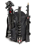 Pro Photo Backpack For Camera Gear Loadout With Four Access Points Front And Side Entry Triple Mode Interior Interchangeable Dividers Tripod Attachments Pro Grade Build M Guard Protection Black showcasing tripod attachments.