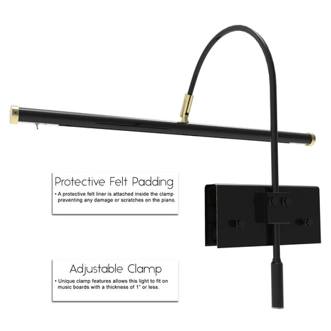 Adjustable Black Grand Piano Lamp With Brass Accents Clip On LED Light Dimmer for 19 Inch Piano, felt padding and clamp