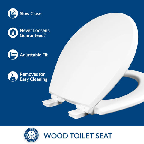 Soft Close Toilet Seat With Easy Clean Hinges And Quick Release For Deep Cleaning, Non Slip Premium Wood, White Round, Made In USA